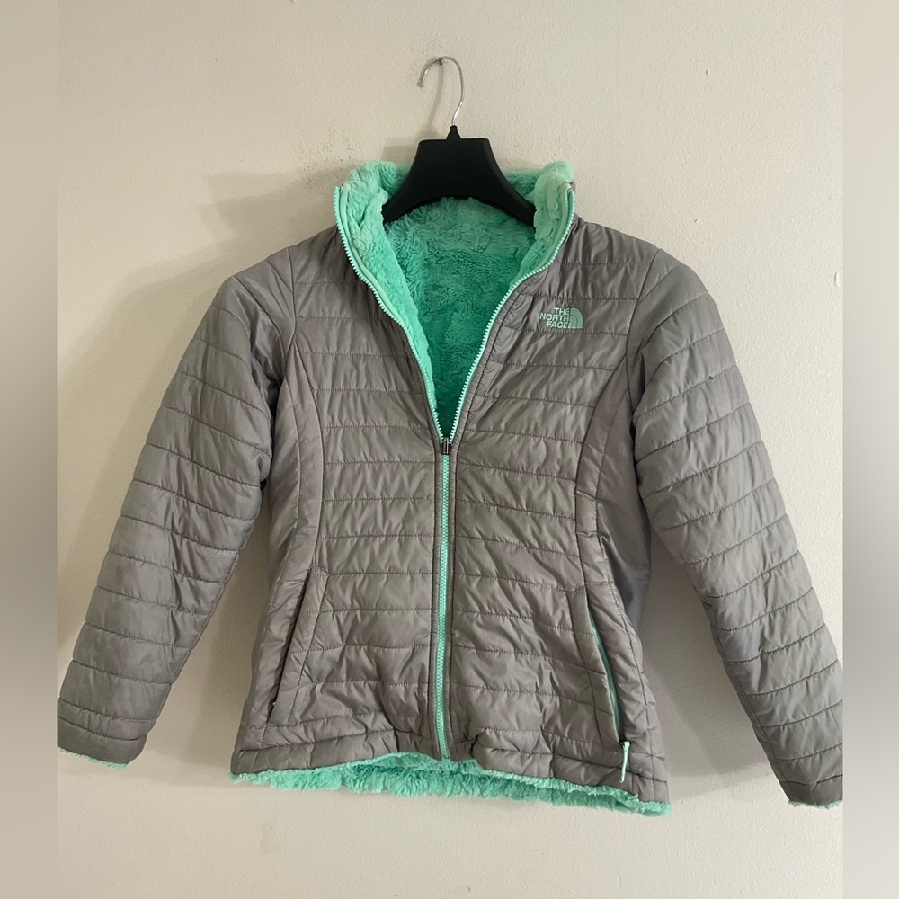 The North Face Size XL Girls Jacket Fleece Reversible Mossbud Mint Green/Gray